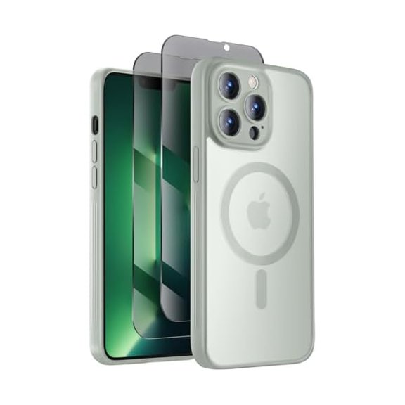 Eryueer Designed for iPhone 13 Pro Max Case, Compatible with MagSafe, with Privacy Screen Protectors X2, [Camera Protection] [15FT Military Drop Protection] Shockproof Phone Case, 6.7", Calke Green