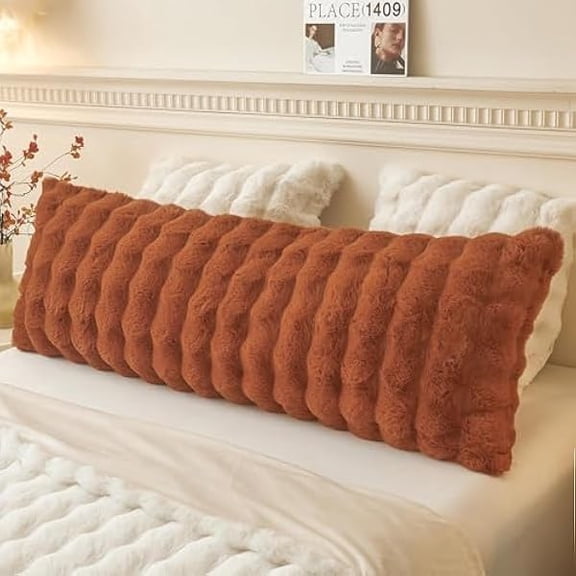 Eryueer Fluffy Faux Rabbit Fur Bolster Pillowcase, Luxury Soft Cozy Body Pillow Cover with Zipper, Plush Furry Waffle Bubble Long Bed Pillow Case Pregnancy Women Side Sleeper, 4.6ft, Burnt Orange