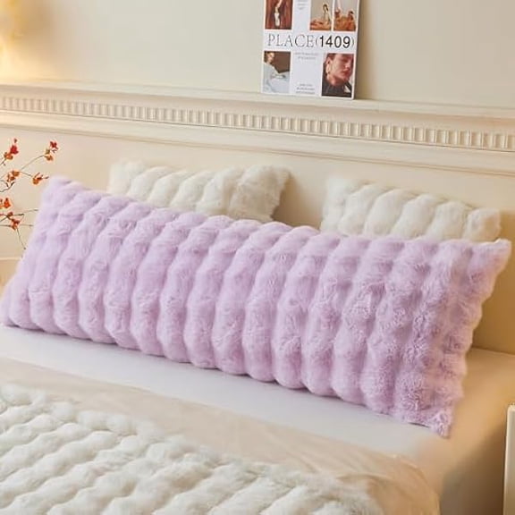 Eryueer Fluffy Faux Rabbit Fur Bolster Pillowcase, Soft Cozy Light Purple Body Pillow Cover with Zipper, Plush Furry Waffle Bubble Long Bed Pillow Case Pregnancy Women Side Sleeper, 4.6ft, Lavender