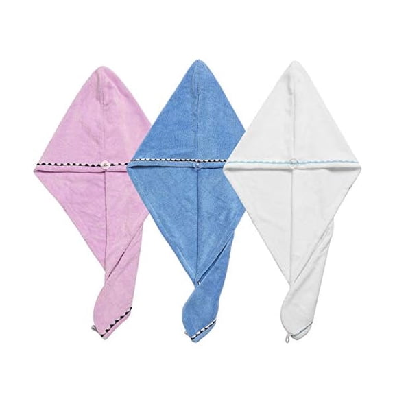 Eryueer Hair Towel Wrap Turban Microfiber Drying Bath Shower Head Towel with Buttons, Quick Magic Dryer, Dry Hair Hat, Wrapped Bath Cap (White & Blue & Pink)