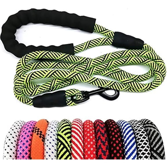 Eryueer Heavy Duty Rope Dog Leash, 3/4/5/6/7/8/10/12/15 FT Nylon Pet Leash, Soft Padded Handle Thick Lead Leashes for Large Medium Dogs (Green Black, 1/2" * 10')