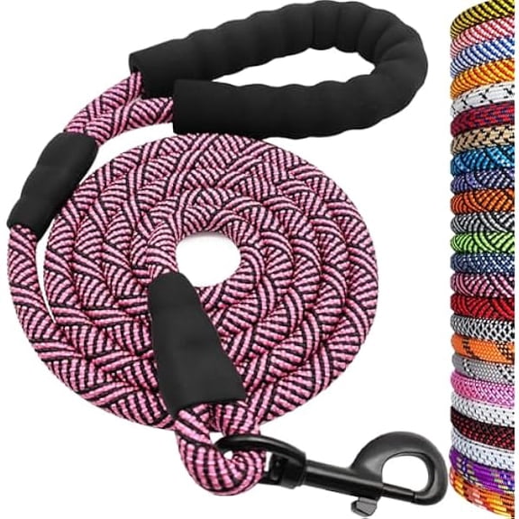 Eryueer Heavy Duty Rope Dog Leash, 3/4/5/6/7/8/10/12/15 FT Nylon Pet Leash, Soft Padded Handle Thick Lead Leashes for Large Medium Dogs (Pink Black, 1/2" * 8')