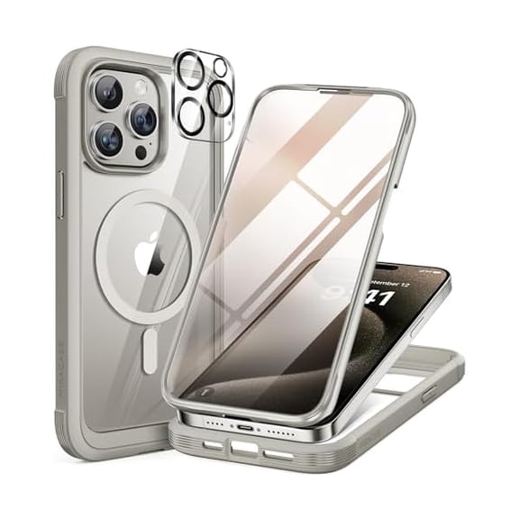Eryueer Magnetic for iPhone 15 Pro Case [Compatible with MagSafe] Full-Body Phone case with Built-in Glass Screen Protector& Camera Protector, Military Drop Proof 15 Pro Cover,Titan