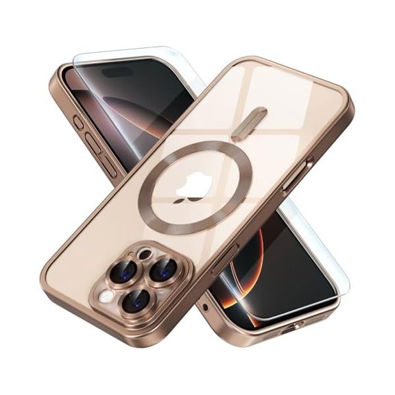 Eryueer Magnetic for iPhone 16 Pro Case Compatible with MagSafe [Never Yellowing] [Military Grade Drop Protection] Full Camera Lens Protector Plating Soft Clear Phone Case for Women, Titanium Desert
