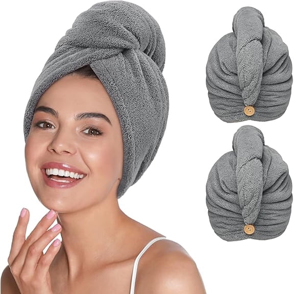 Eryueer Microfiber Hair Towel Wrap for Women Curly Long Hair, 2 Pack Super Absorbent Hair Plopping Towel Curly for Wet Hair, Stocking Stuffers for Women (Gray)