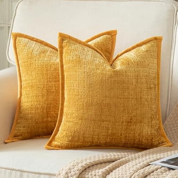 Eryueer Pack of 2 Chenille Textured Decorative Cushion Covers Accent Solid Throw Pillow Covers Soft Cozy Pillow Case with Velvet Back for Couch Sofa Bed Living Room 24x24 Inch 60x60cm Yellow