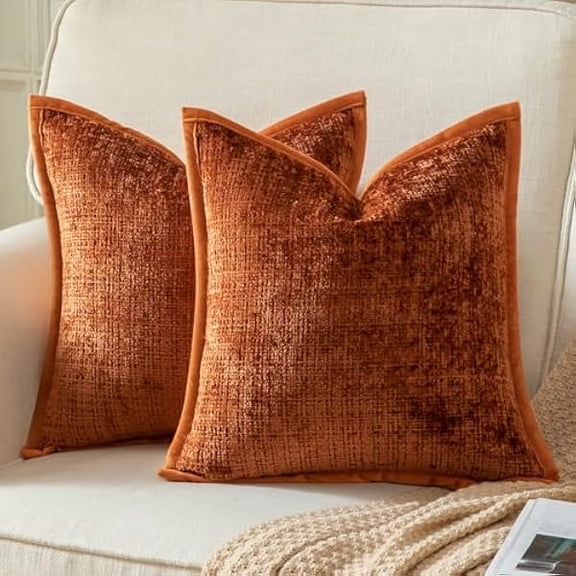 Eryueer Pack of 2 Chenille Textured Decorative Cushion Covers Accent Solid Throw Pillow Covers Soft Cozy Pillow Case with Velvet Back for Couch Sofa Bed Living Room 16x16 Inch 40x40cm Burnt Brick