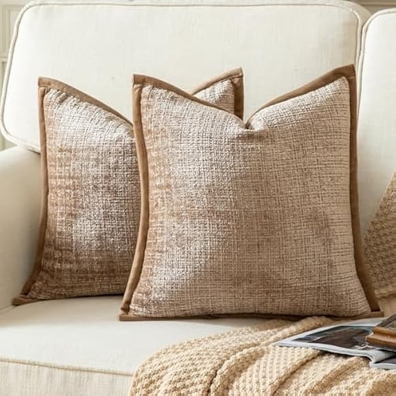 Eryueer Pack of 2 Chenille Textured Decorative Cushion Covers Accent Solid Throw Pillow Covers Soft Cozy Pillow Case with Velvet Back for Couch Sofa Bed Living Room 16x16 Inch 40x40cm Camel