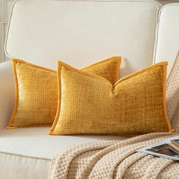 Eryueer Pack of 2 Chenille Textured Decorative Cushion Covers Accent Solid Throw Pillow Covers Soft Cozy Pillow Case with Velvet Back for Couch Sofa Bed Living Room 12x20 Inch 30x50cm Yellow