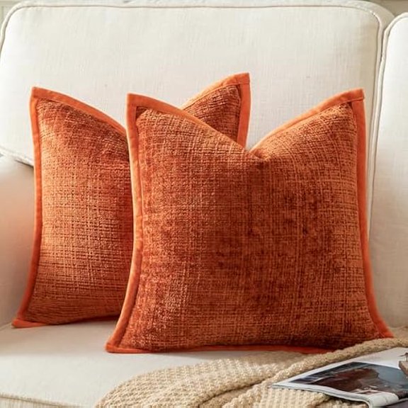 Eryueer Pack of 2 Chenille Textured Decorative Cushion Covers Accent Solid Throw Pillow Covers Soft Cozy Pillow Case with Velvet Back for Couch Sofa Bed Living Room 16x16 Inch 40x40cm Rust