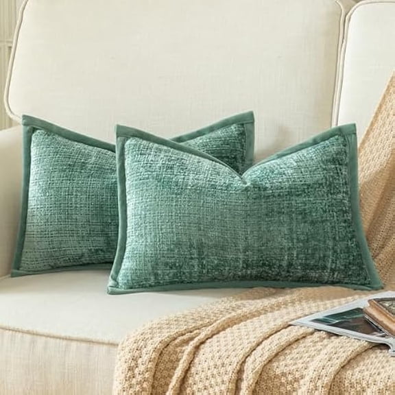 Eryueer Pack of 2 Chenille Textured Decorative Cushion Covers Accent Solid Throw Pillow Covers Soft Cozy Pillow Case with Velvet Back for Couch Sofa Bed Living Room 12x20 Inch 30x50cm Teal