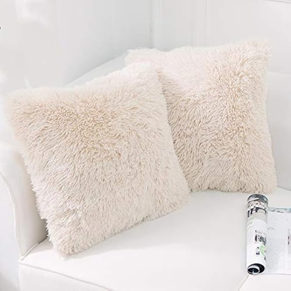 Eryueer Pack of 2 Faux Fur Cream Cushion Covers 60x60 cm Luxury Fluffy Decorative Fuzzy Square Throw Pillow Case 24 x 24 for Sofa Decor