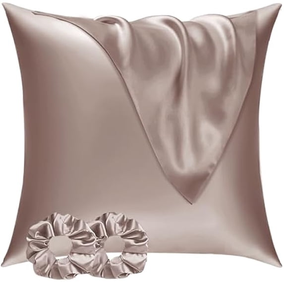 Eryueer Satin Pillowcase for Hair and Skin 60x60 2 Pack & 2 Scrunchies, Soft as Silk Pillowcase for Hair and Skin,Easier Care than Silk Pillow Case, Brown Pillowcases Envelope Gift for Women