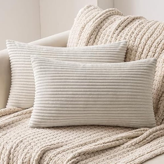 Eryueer Set of 2 Cream White Striped Corduroy Square Throw Pillow Case Soft Cushion Cover Sham Home for Sofa Chair Couch/Bedroom Decorative Fluffy Large Pillowcases 16x24 Inch 40x60cm