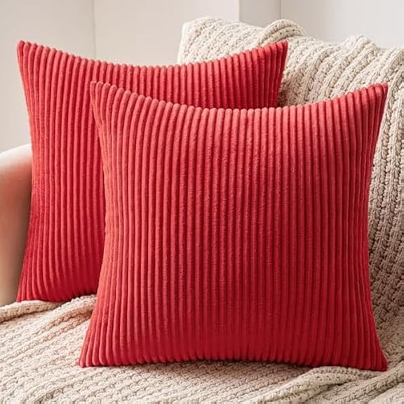 Eryueer Set of 2 Striped Corduroy Square Throw Pillow Case Soft Cushion Cover Sham Home for Sofa Chair Couch/Bedroom Decorative Fluffy Large Pillowcases 16x16 Inch 40x40cm Red