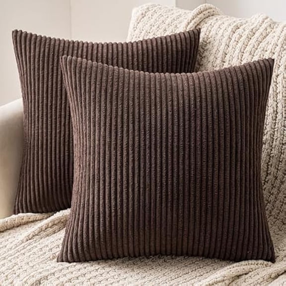 Eryueer Set of 2 Striped Corduroy Square Throw Pillow Case Soft Cushion Covers Sham Home for Sofa Couch/Bedroom Decorative Fluffy Large Pillowcases 16x16 Inch 40x40cm Chocolate