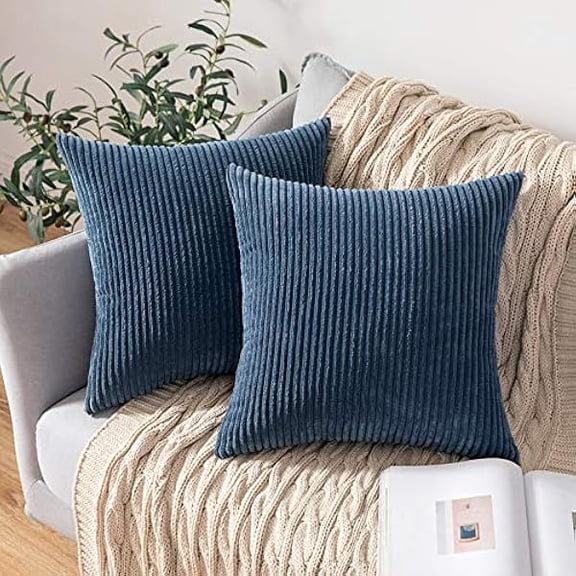 Eryueer Set of 2 Striped Corduroy Square Throw Pillow Case Soft Cushion Covers Sham Home for Sofa Couch/Bedroom Decorative Fluffy Large Pillowcases 18x18 Inch 45x45cm Dark Blue