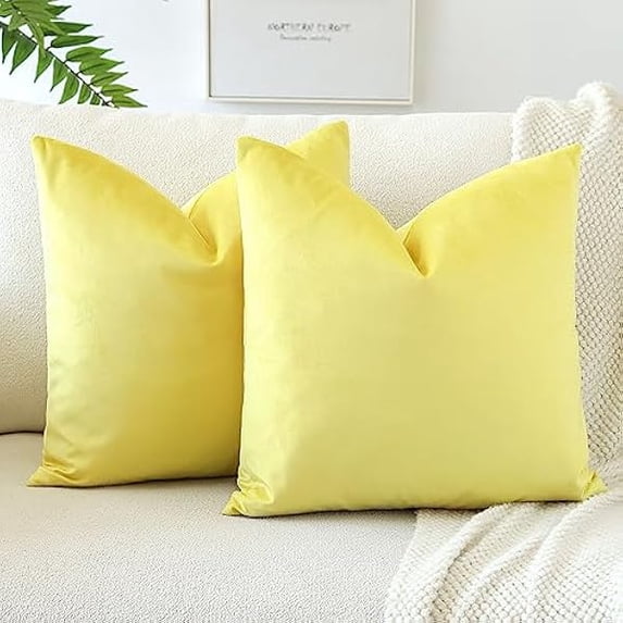 Eryueer Set of 2 Velvet Soft Solid Cushion Covers 45x45 cm Decorative Throw Pillow Covers Square Cushion Case Home Decor Pillow Cases for Couch Sofa Living Room Bedroom 18x18 Inch (Lemon Yellow)
