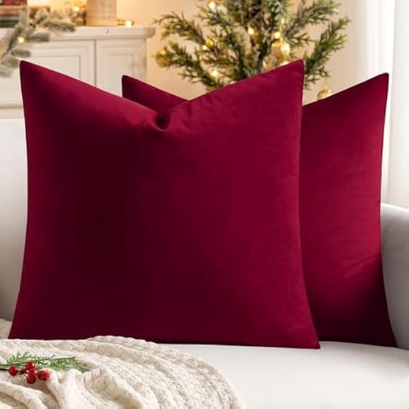 Eryueer Velvet Soft Soild Microfiber Decorative Square Pillow Case Throw Cushion Cover for Sofa Bedroom with Invisible Zipper 16x16 Inch 40x40cm Wine Red Set of 2 Lined