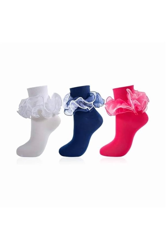 Women Big Ruffle Socks Adult 4-Layer Lace Frilly Ankle Socks Fold Cuff Cotton Ruffled Dress Crew Bobby Fancy Sock
