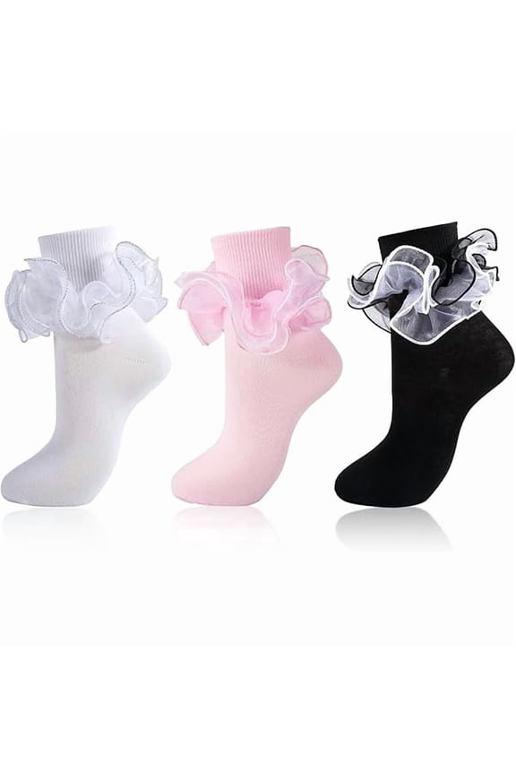 Women Big Ruffle Socks Adult 4-Layer Lace Frilly Ankle Socks Fold Cuff Cotton Ruffled Dress Crew Bobby Fancy Sock