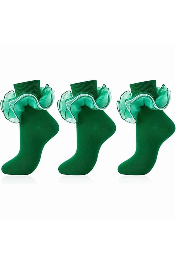 Women Big Ruffle Socks Adult 4-Layer Lace Frilly Ankle Socks Fold Cuff Cotton Ruffled Dress Crew Bobby Fancy Sock