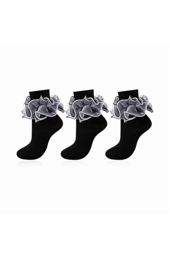 Women Big Ruffle Socks Adult 4-Layer Lace Frilly Ankle Socks Fold Cuff Cotton Ruffled Dress Crew Bobby Fancy Sock