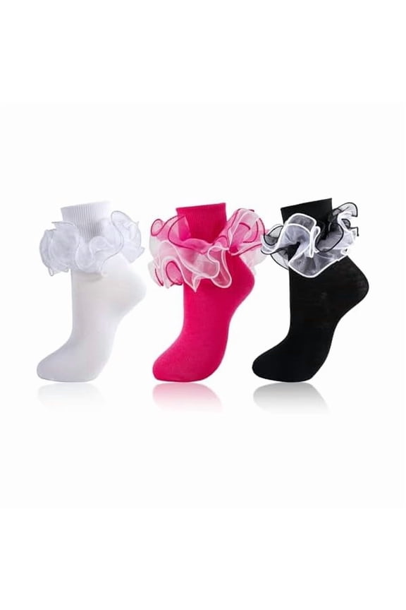 Women Big Ruffle Socks Adult 4-Layer Lace Frilly Ankle Socks Fold Cuff Cotton Ruffled Dress Crew Bobby Fancy Sock