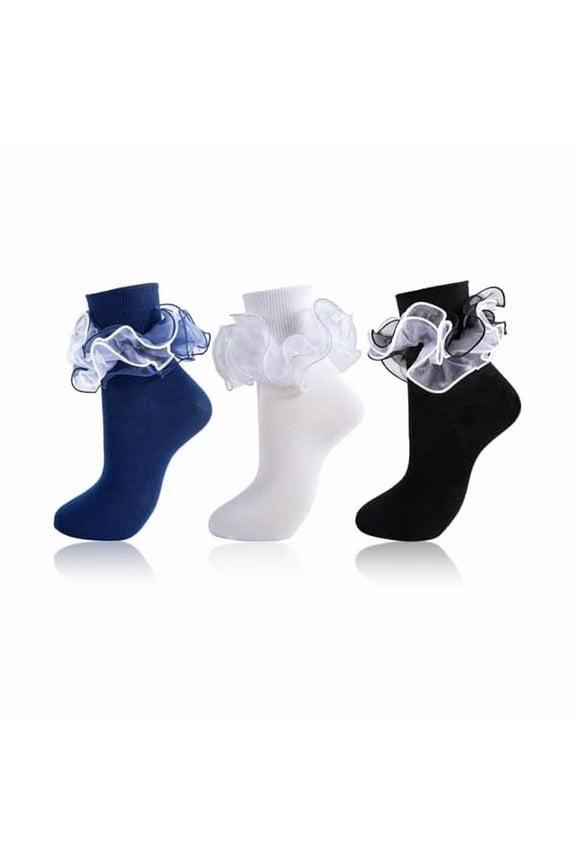 Women Big Ruffle Socks Adult 4-Layer Lace Frilly Ankle Socks Fold Cuff Cotton Ruffled Dress Crew Bobby Fancy Sock