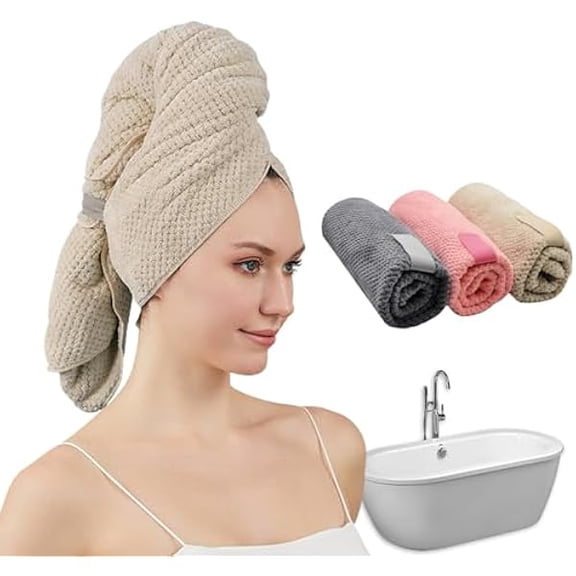 Eryueer Women Microfiber Hair Towel Wrap with Elastic Strap,Super Absorbent Anti Frizz Drying Turban for Curly, Long,Wet Hair- Beige