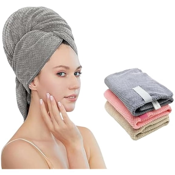 Eryueer Women Microfiber Hair Towel Wrap with Elastic Strap,Super Absorbent Anti Frizz Drying Turban for Curly, Long,Wet Hair- Grey
