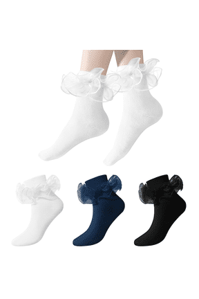 Women's Big Ruffled Ankle Socks,Cute Double Lace Ruffled Cuff Cotton Socks Fancy Bobby Sock 3 Pairs