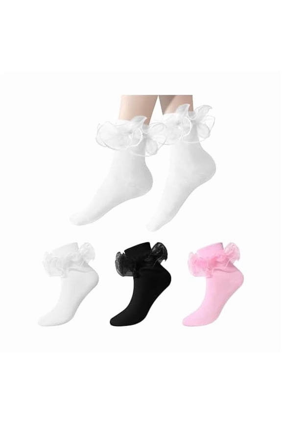 Women's Big Ruffled Ankle Socks,Cute Double Lace Ruffled Cuff Cotton Socks Fancy Bobby Sock 3 Pairs