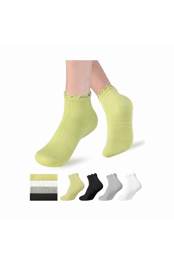Womens Non Slip Pilates Socks with Ruffle Pleated & Straight Ribbed Double Cuff, Grip Socks for Yoga, Barre, Dance