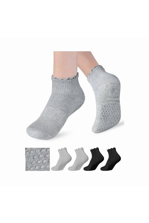 Womens Non Slip Pilates Socks with Ruffle Pleated & Straight Ribbed Double Cuff, Grip Socks for Yoga, Barre, Dance