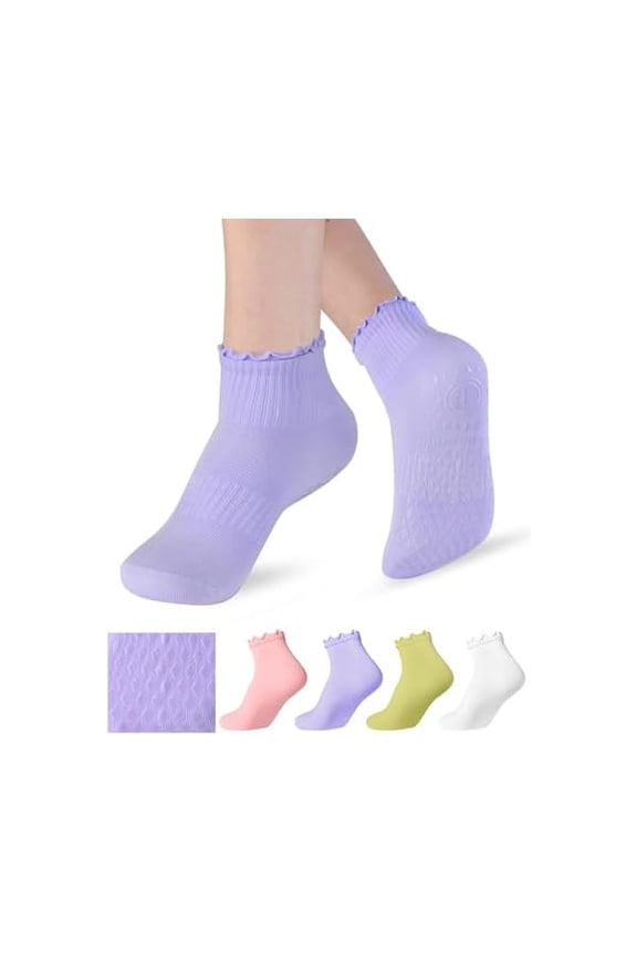 Womens Non Slip Pilates Socks with Ruffle Pleated & Straight Ribbed Double Cuff, Grip Socks for Yoga, Barre, Dance