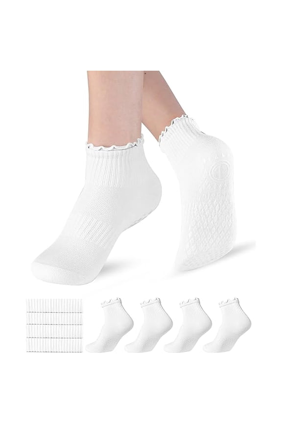 Womens Non Slip Pilates Socks with Ruffle Pleated & Straight Ribbed Double Cuff, Grip Socks for Yoga, Barre, Dance