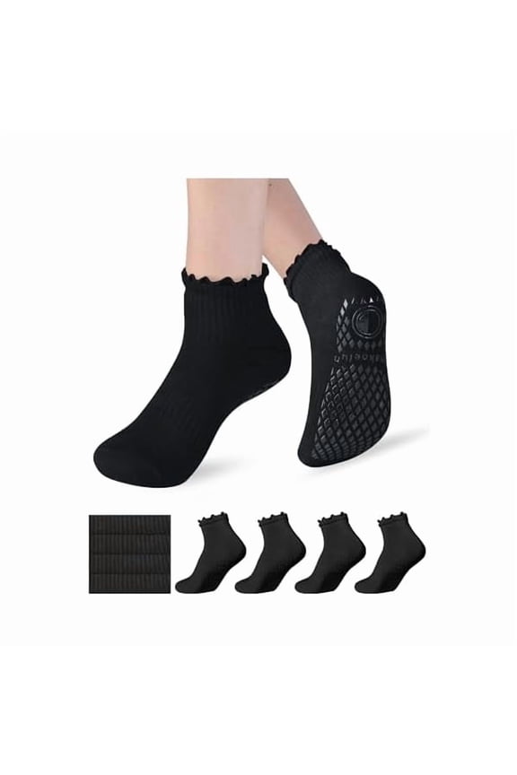 Womens Non Slip Pilates Socks with Ruffle Pleated & Straight Ribbed Double Cuff, Grip Socks for Yoga, Barre, Dance