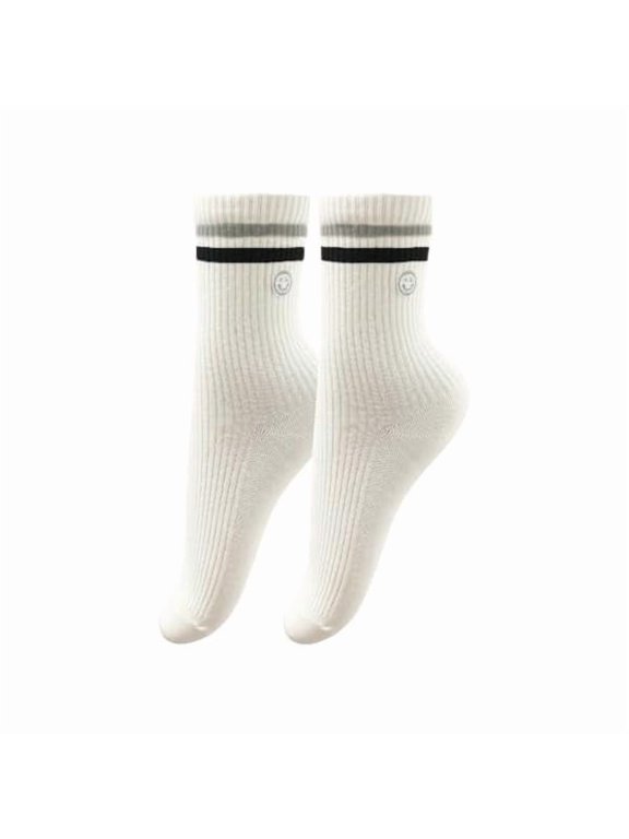 Womens Solid Color Two Stripe Crew Socks Casual Athletic Smiling Face Ankle Socks for women Girls