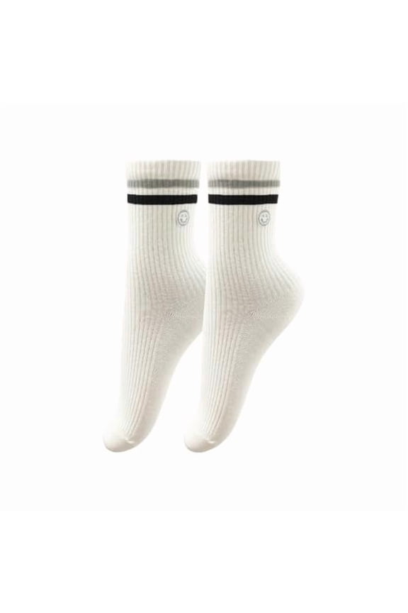 Womens Solid Color Two Stripe Crew Socks Casual Athletic Smiling Face Ankle Socks for women Girls