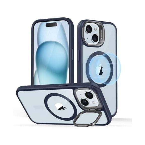 Eryueer for iPhone 15 Plus Case, Compatible with MagSafe, Military-Grade Protective Case, Built-in Stash Stand Phone Case, Scratch-Resistant Back Cover, Classic Series, Clear Dark Blue