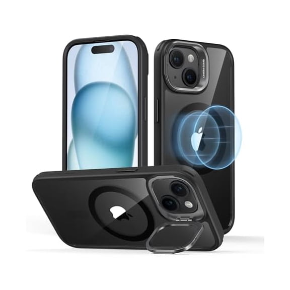 Eryueer for iPhone 15 Plus Case, Compatible with MagSafe, Military-Grade Protective Case, Built-in Stash Stand Phone Case, Scratch-Resistant Back Cover, Classic Series, Clear Black