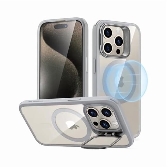 Eryueer for iPhone 15 Pro Case, Compatible with MagSafe, Military-Grade Protective Case, Built-in Stash Stand Phone Case, Scratch-Resistant Back Cover, Classic Series, Clear Grey