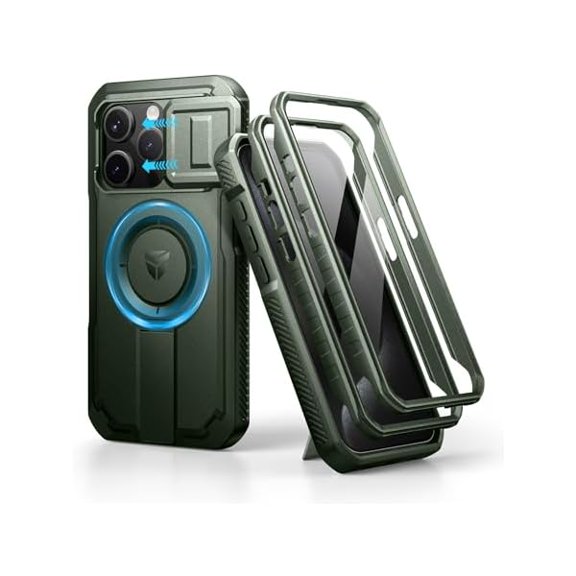 Eryueer for iPhone 15 Pro Case with Slide Camera Cover & Adjustable Kickstand & Built-in Screen Protector, Magnetic Rugged Shockproof Bumper Cases Heavy-Duty Magnetic Protective Cover,Army