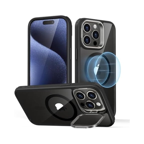 Eryueer for iPhone 15 Pro Max Case, Compatible with MagSafe, Military-Grade Protective Case, Built-in Stash Stand Phone Case, Scratch-Resistant Back Cover, Classic Series,Clear Black