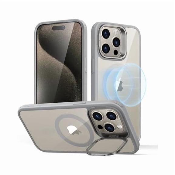 Eryueer for iPhone 15 Pro Max Case, Compatible with MagSafe, Military-Grade Protective Case, Built-in Stash Stand Phone Case, Scratch-Resistant Back Cover, Classic Series,Clear Grey