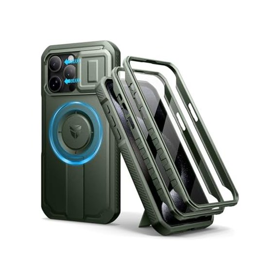 Eryueer for iPhone 15 Pro Max Case with Slide Camera Cover & Adjustable Kickstand & Built-in Screen Protector, Magnetic Rugged Shockproof Bumper Cases Heavy-Duty Magnetic Protective Cover,Army
