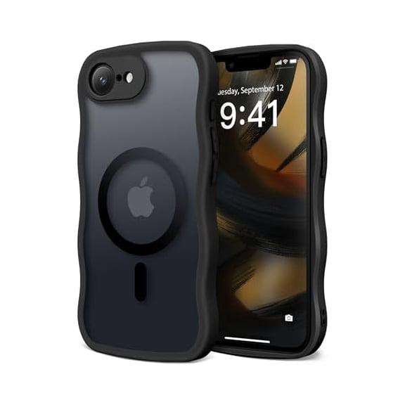 Eryueer for iPhone 16e Case for Women Girls, Upgraded [Full Camera Protection] [Compatible with MagSafe] Cute Wave Translucent Matte Phone Case for iPhone SE 4 6.1-Inch, Black