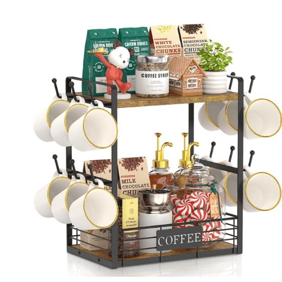EsLuker.ly Coffee Mug Cup Holder Tree Bar Station Organizer, 2 Tier Mug Stand Rack for Countertop Kitchen, Storage Tower Display Shelf with 12 Hooks, Coffee Nook Enhancer, Vintage Brown Black
