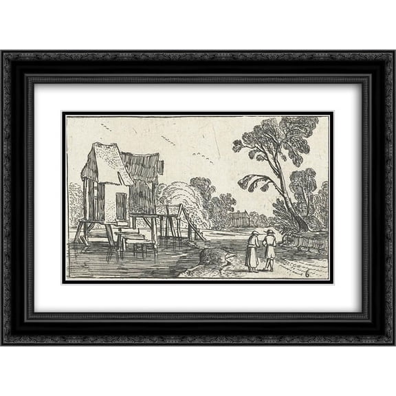 Esaias van de Velde 2x Matted 24x18 Black Ornate Framed Art Print 'Path along a river with building on stilts'